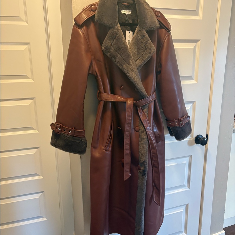 WeWoreWhat Maroon Trench Coat with Gray Fur Trim
